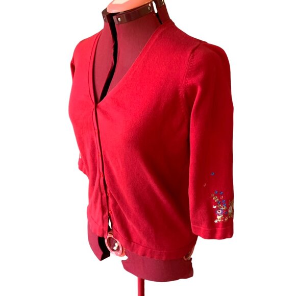 JACOB - RED Cardigan buttons down crew neck - Colored flowers embroidery large - Picture 6 of 11
